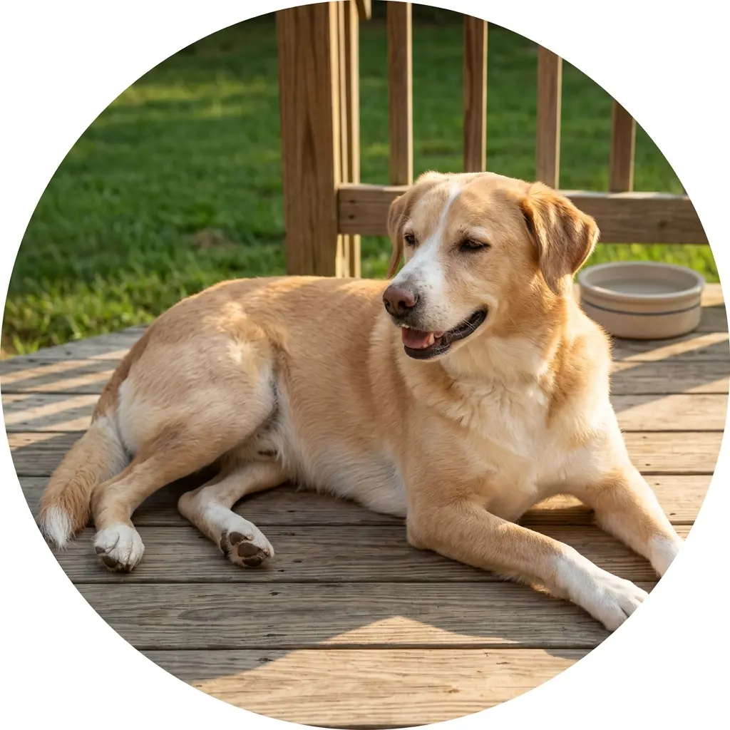 A relaxed adult dog on a sunlit porch — illustrating comfortable body language