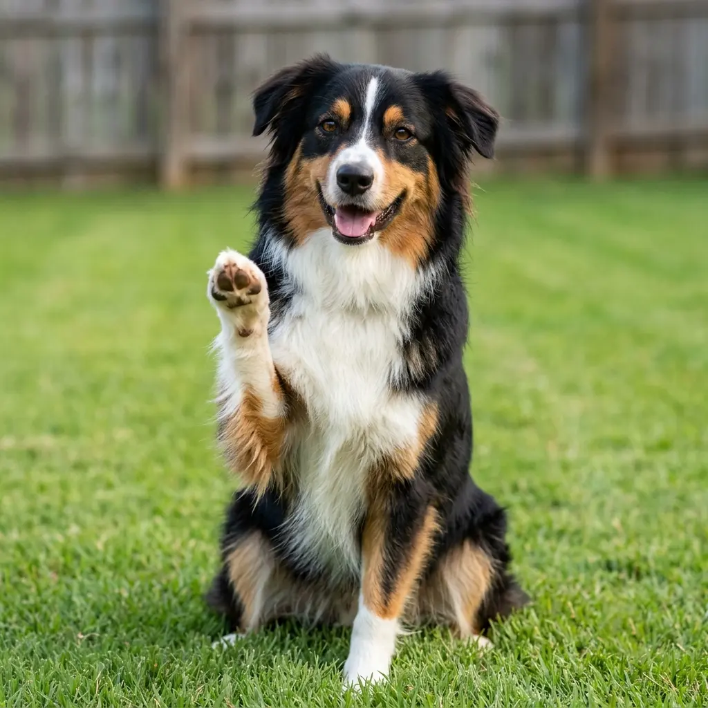 An adult dog mid-shake trick, paw raised in the air on a green backyard — happy engaged expression